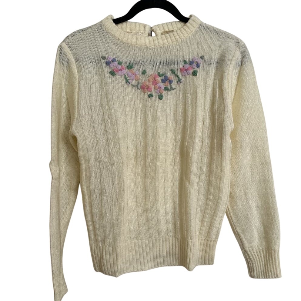 Vtg Dayne Taylor Pastel Floral Embroidered Knit Sweater Cream Acrylic Small